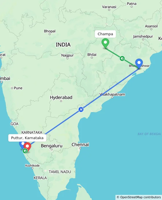 Route map showing distance and travel time from Champa, India to Puttur, Karnataka, India