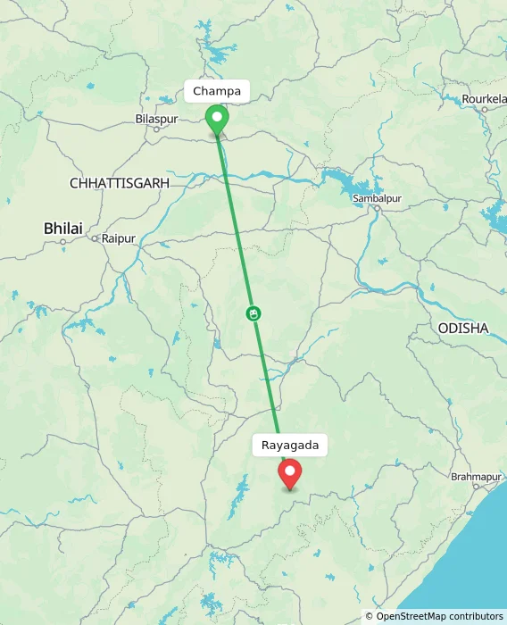 Route map showing distance and travel time from Champa, India to Rayagada, India