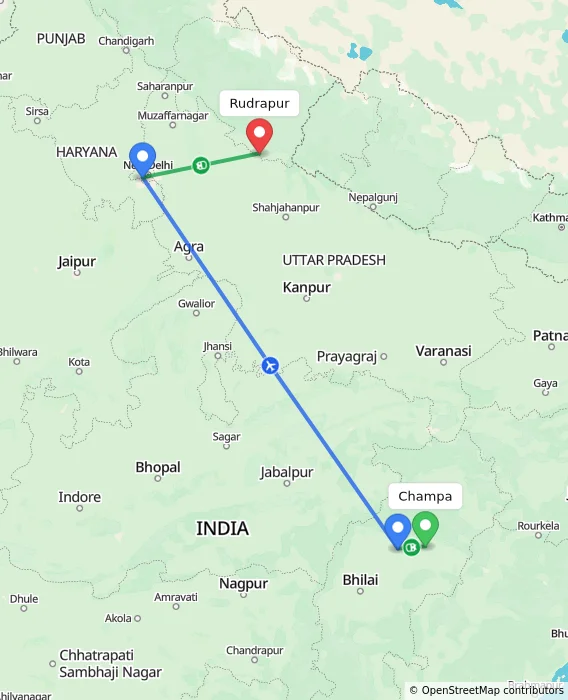 Route map showing distance and travel time from Champa, India to Rudrapur, India