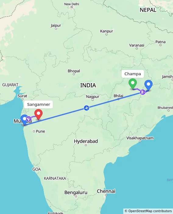 Route map showing distance and travel time from Champa, India to Sangamner, India