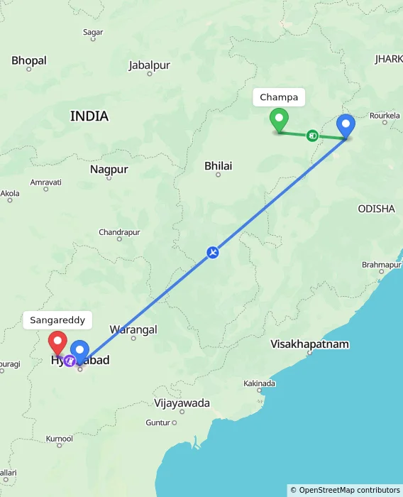 Route map showing distance and travel time from Champa, India to Sangareddy, India