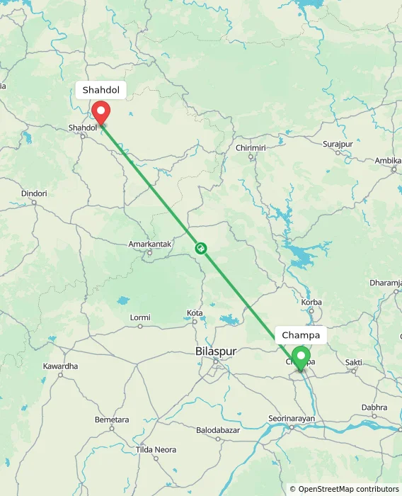 Route map showing distance and travel time from Champa, India to Shahdol, India