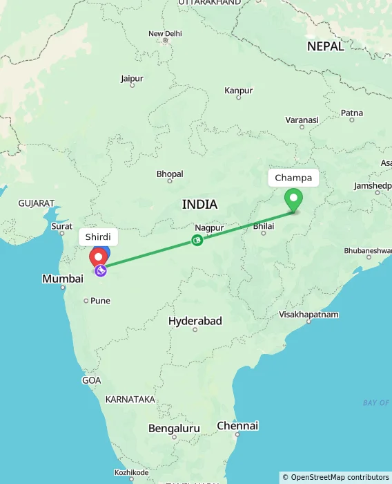 Route map showing distance and travel time from Champa, India to Shirdi, India