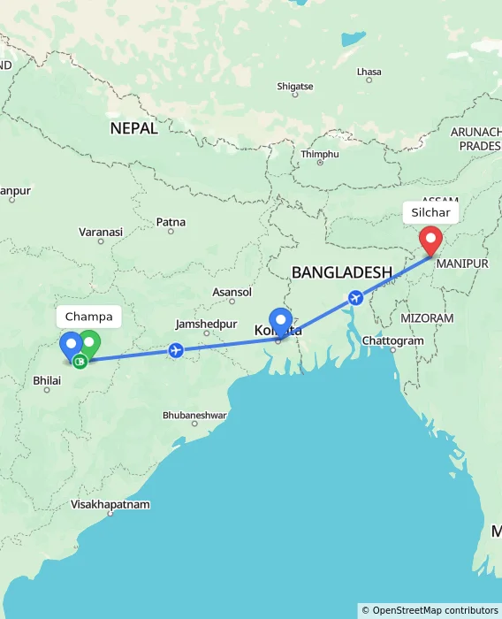 Route map showing distance and travel time from Champa, India to Silchar, India