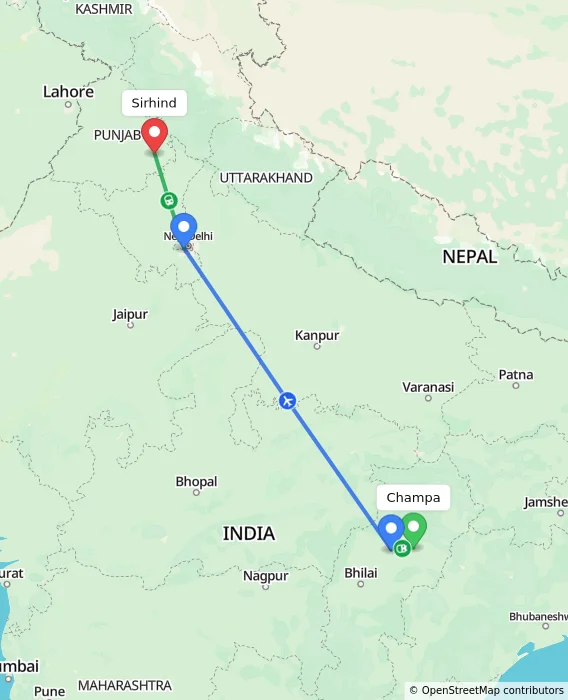 Route map showing distance and travel time from Champa, India to Sirhind, India
