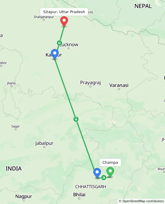 Route map showing distance and travel time from Champa, India to Sitapur, Uttar Pradesh, India