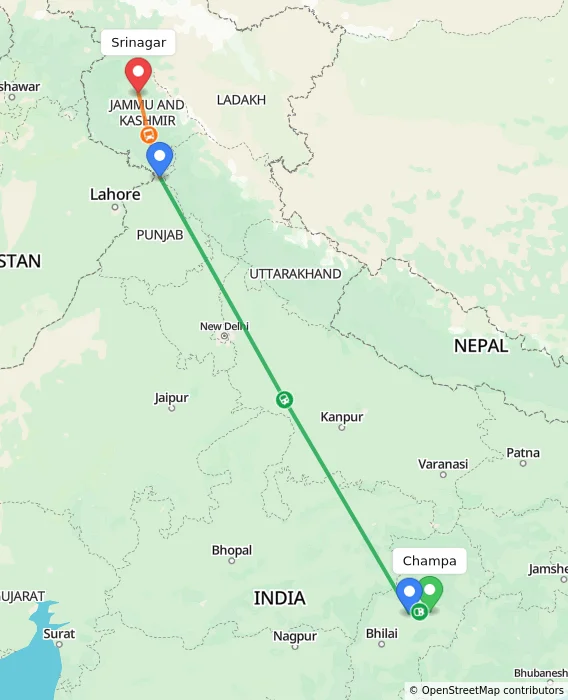 Route map showing distance and travel time from Champa, India to Srinagar, India