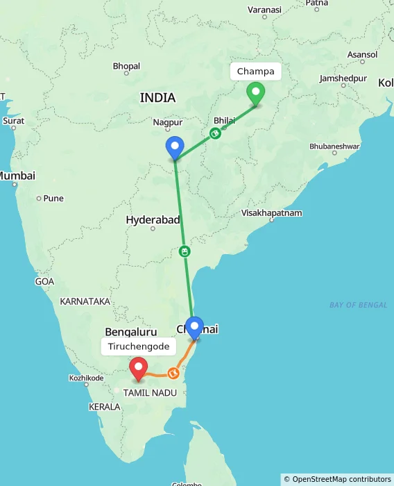Route map showing distance and travel time from Champa, India to Tiruchengode, India