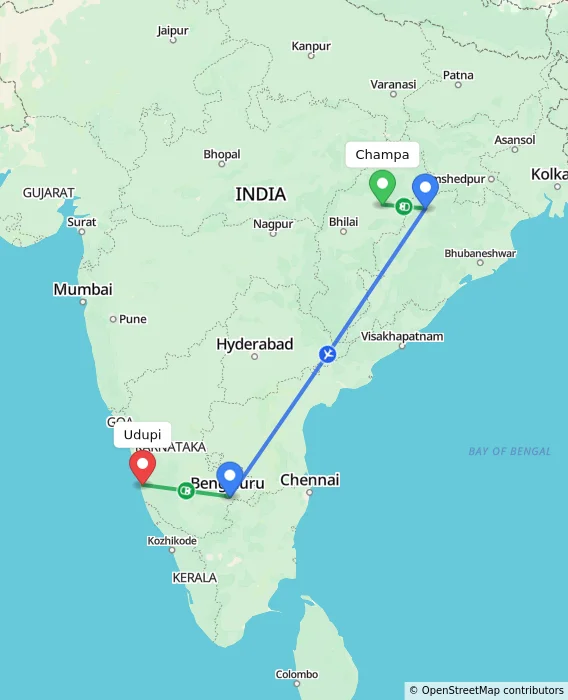 Route map showing distance and travel time from Champa, India to Udupi, India