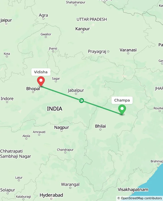 Route map showing distance and travel time from Champa, India to Vidisha, India
