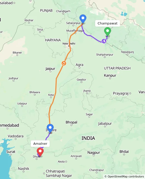 Route map showing distance and travel time from Champawat, India to Amalner, India