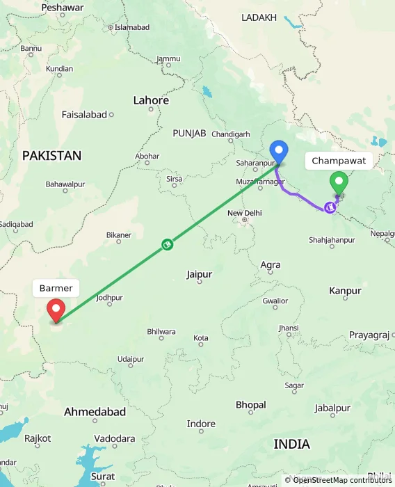 Route map showing distance and travel time from Champawat, India to Barmer, India