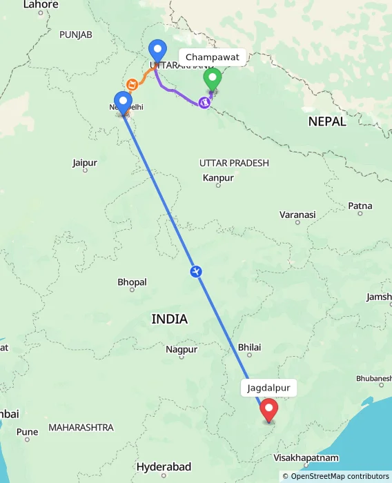 Route map showing distance and travel time from Champawat, India to Jagdalpur, India