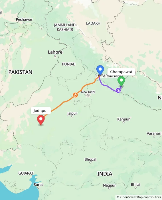 Route map showing distance and travel time from Champawat, India to Jodhpur, India