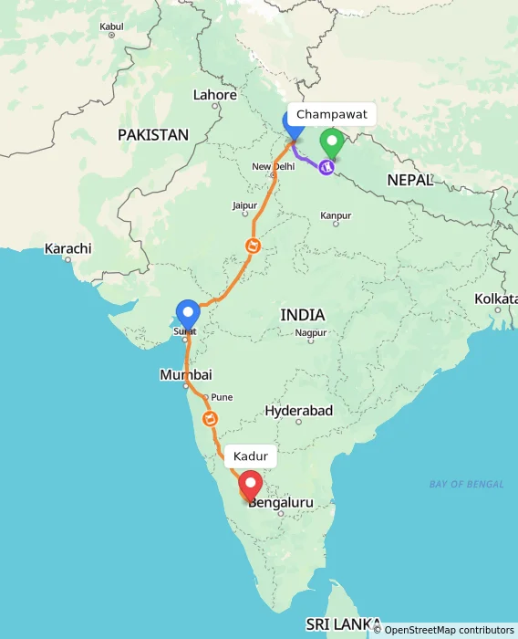 Route map showing distance and travel time from Champawat, India to Kadur, India