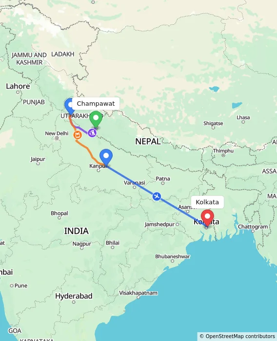 Route map showing distance and travel time from Champawat, India to Kolkata, India
