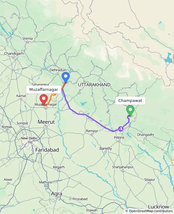 Route map showing distance and travel time from Champawat, India to Muzaffarnagar, India