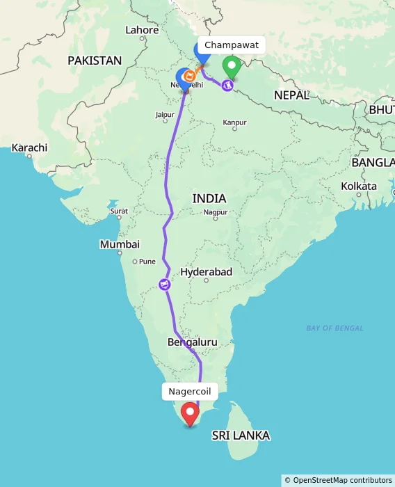 Route map showing distance and travel time from Champawat, India to Nagercoil, India