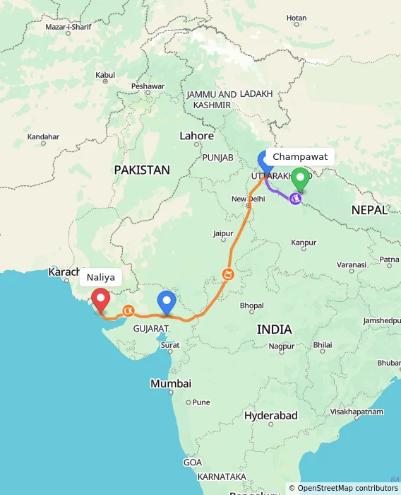 Route map showing distance and travel time from Champawat, India to Naliya, India