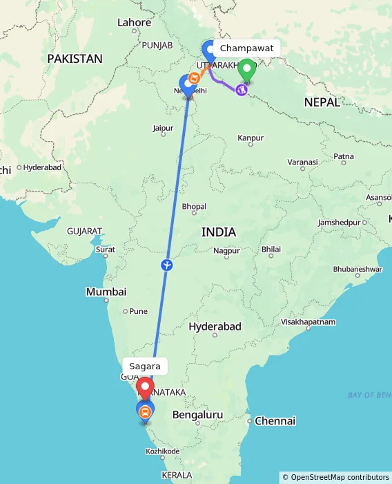 Route map showing distance and travel time from Champawat, India to Sagara, India