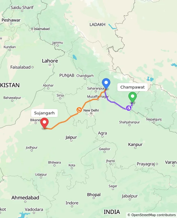 Route map showing distance and travel time from Champawat, India to Sujangarh, India