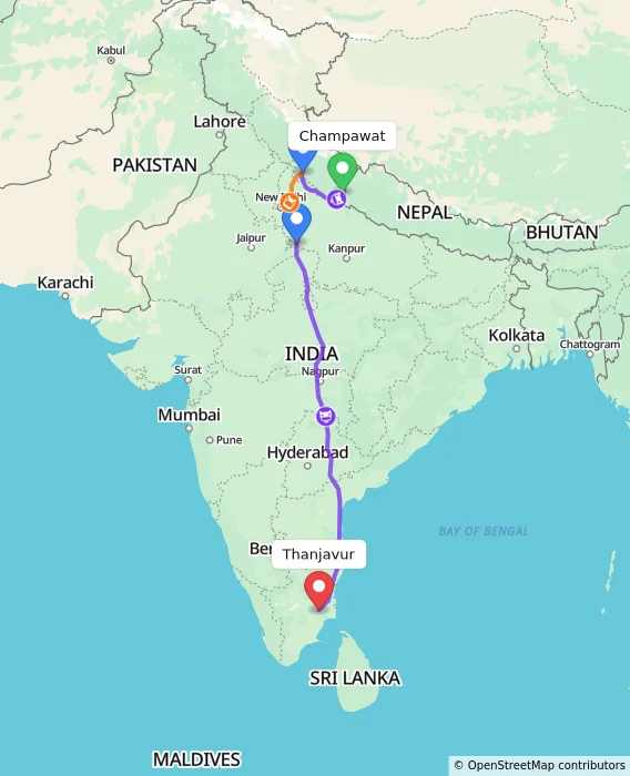 Route map showing distance and travel time from Champawat, India to Thanjavur, India