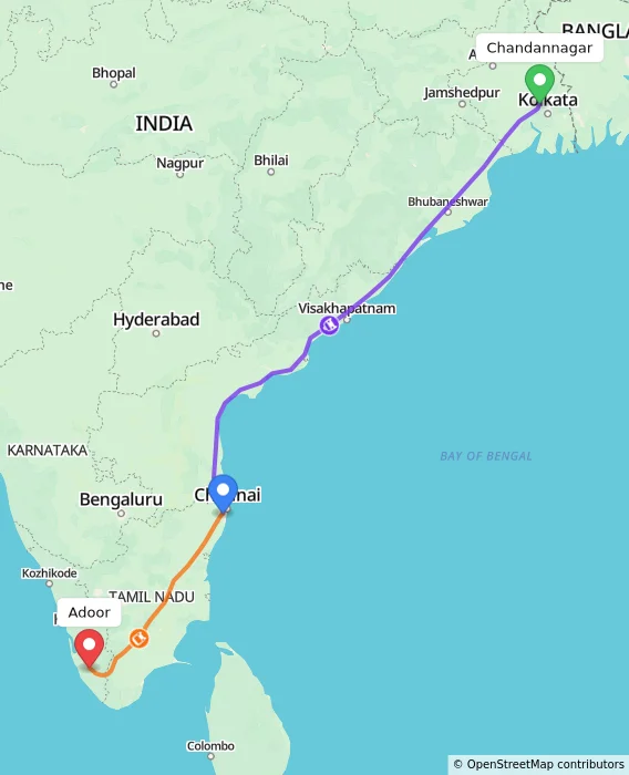 Route map showing distance and travel time from Chandannagar, India to Adoor, India