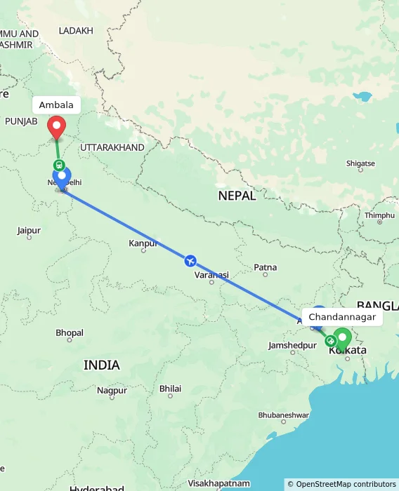 Route map showing distance and travel time from Chandannagar, India to Ambala, India