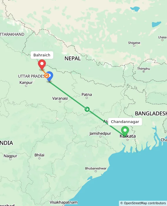 Route map showing distance and travel time from Chandannagar, India to Bahraich, India