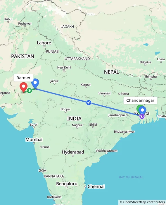 Route map showing distance and travel time from Chandannagar, India to Barmer, India