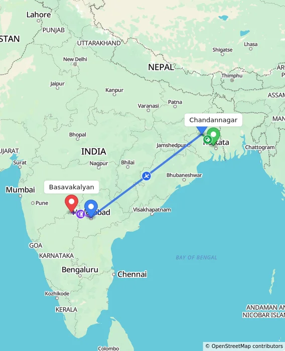 Route map showing distance and travel time from Chandannagar, India to Basavakalyan, India