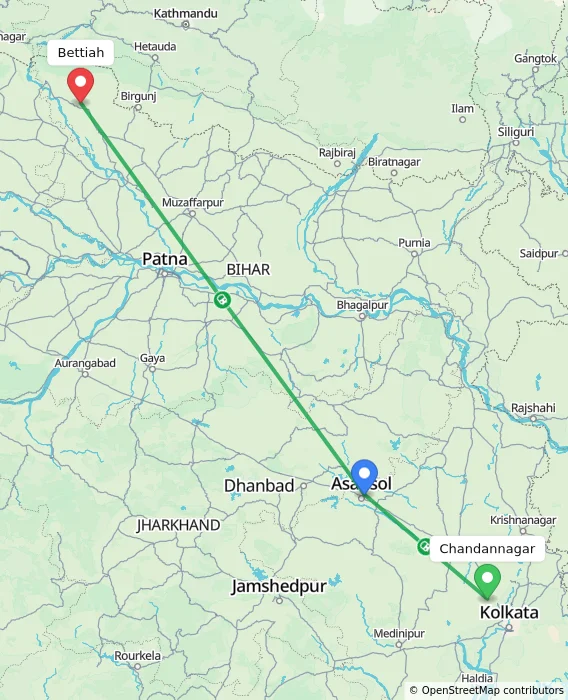 Route map showing distance and travel time from Chandannagar, India to Bettiah, India