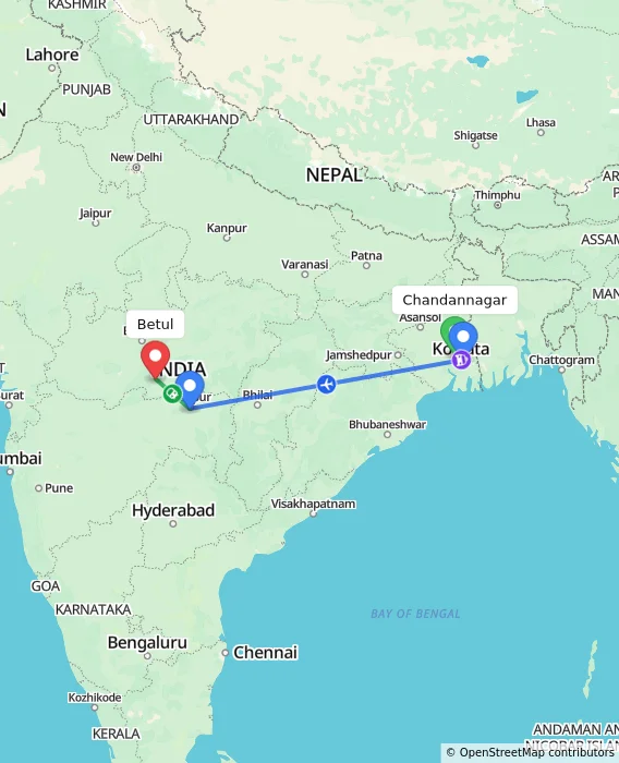Route map showing distance and travel time from Chandannagar, India to Betul, India