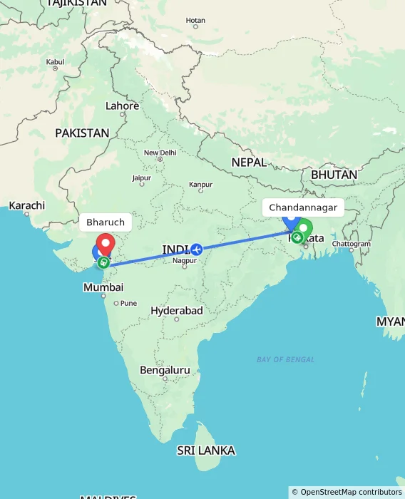 Route map showing distance and travel time from Chandannagar, India to Bharuch, India