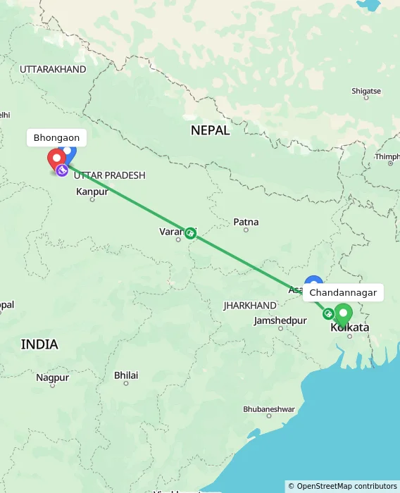Route map showing distance and travel time from Chandannagar, India to Bhongaon, India