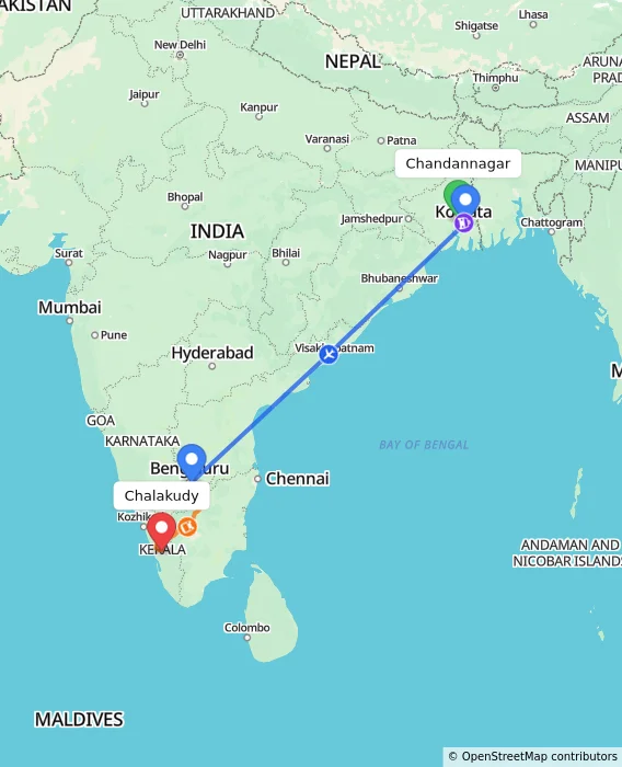 Route map showing distance and travel time from Chandannagar, India to Chalakudy, India