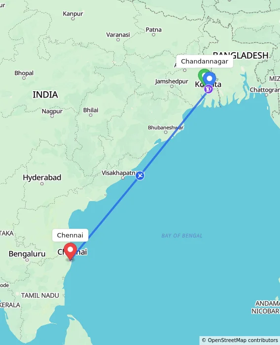 Route map showing distance and travel time from Chandannagar, India to Chennai, India