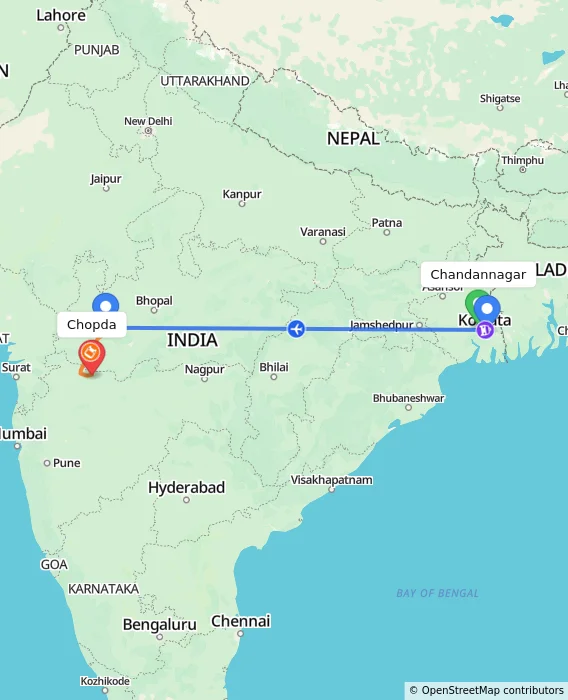 Route map showing distance and travel time from Chandannagar, India to Chopda, India