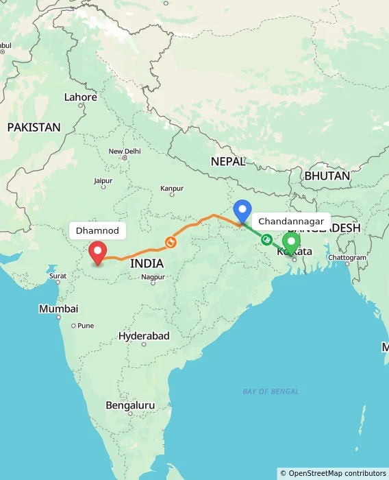Route map showing distance and travel time from Chandannagar, India to Dhamnod, India