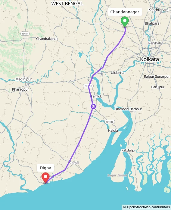 Route map showing distance and travel time from Chandannagar, India to Digha, India