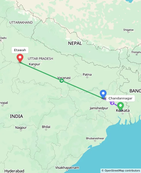 Route map showing distance and travel time from Chandannagar, India to Etawah, India