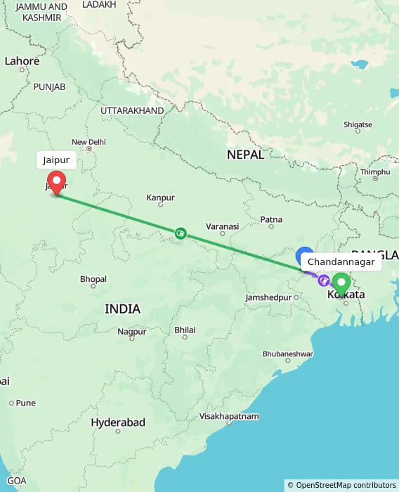 Route map showing distance and travel time from Chandannagar, India to Jaipur, India