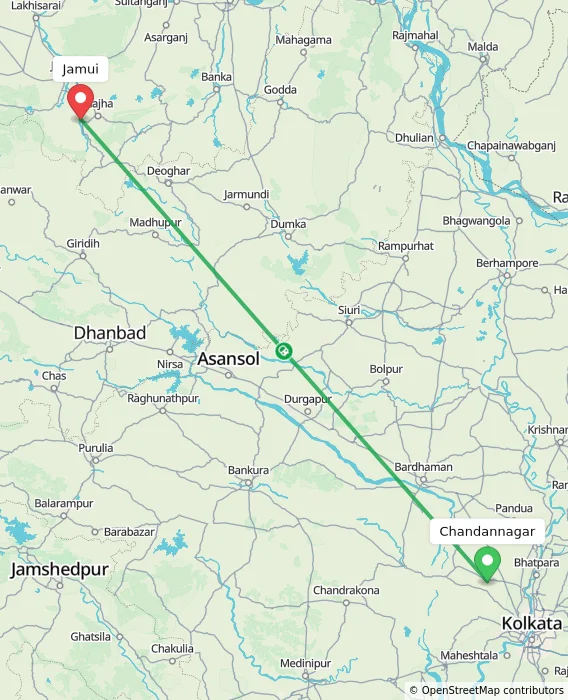 Route map showing distance and travel time from Chandannagar, India to Jamui, India