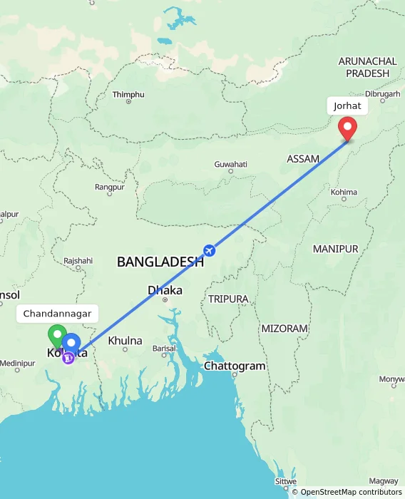 Route map showing distance and travel time from Chandannagar, India to Jorhat, India