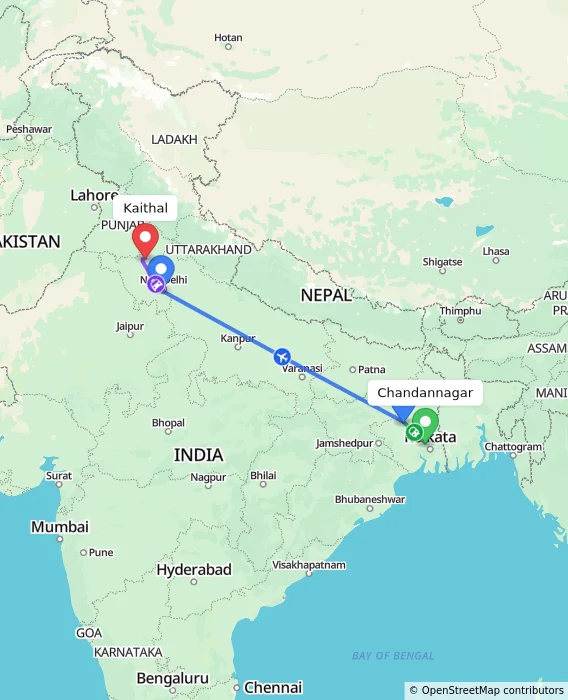 Route map showing distance and travel time from Chandannagar, India to Kaithal, India