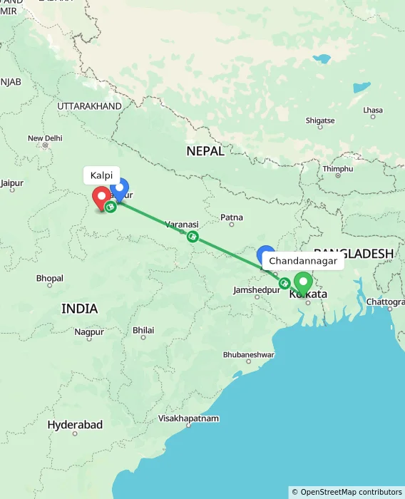 Route map showing distance and travel time from Chandannagar, India to Kalpi, India