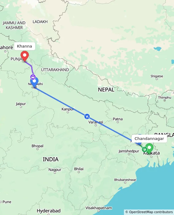 Route map showing distance and travel time from Chandannagar, India to Khanna, India