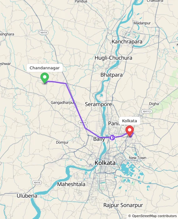 Route map showing distance and travel time from Chandannagar, India to Kolkata, India