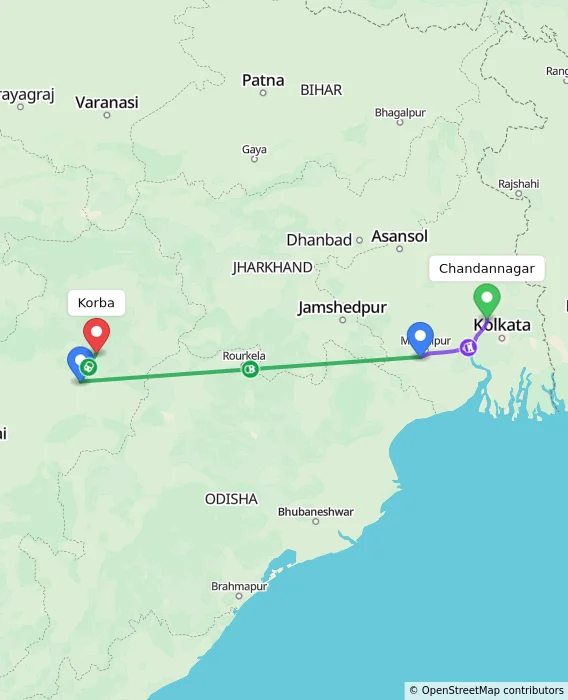 Route map showing distance and travel time from Chandannagar, India to Korba, India