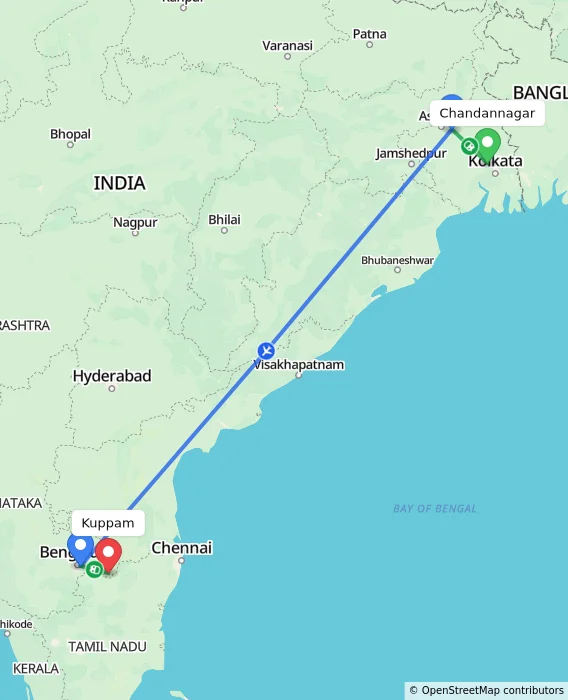 Route map showing distance and travel time from Chandannagar, India to Kuppam, India